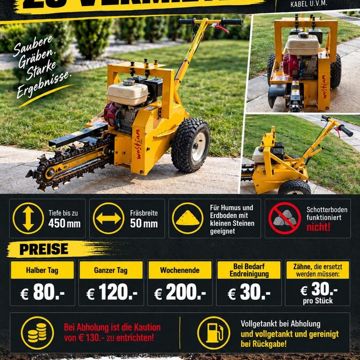 🚜 Grabenfräse zu vermieten
Saubere Gräben in kürzester Zeit – unsere Grabenfräse ist die ideale Lösung für Erdarbeiten... 🚜 Grabenfräse zu vermieten
Saubere Gräben in kürzester Zeit – unsere Grabenfräse ist die ideale Lösung für Erdarbeiten...